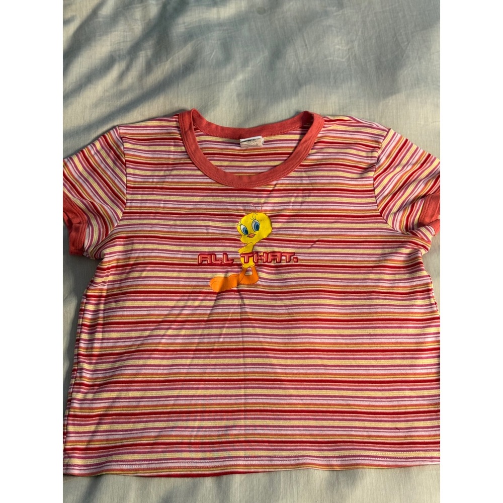 Vintage 2000 Tweety Bird Ringer Baby Tee Y2K Striped Looney Tunes Jerry Leigh XL